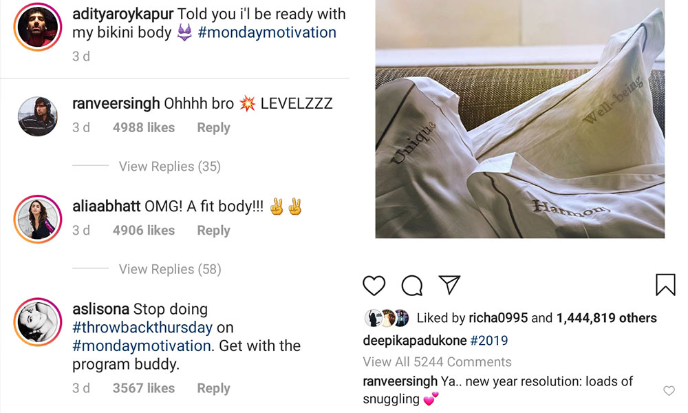 Ranveer Singh's comment on Aditya Roy Kapur and Deepika Padukone's posts