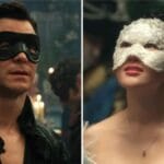 Luke Thompson as Benedict Bridgerton and Yerin Ha as Sophie Baek at the Masquerade Ball
