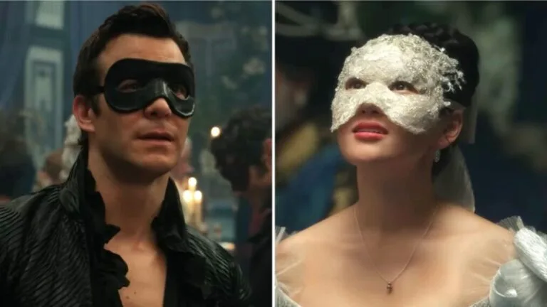 Luke Thompson as Benedict Bridgerton and Yerin Ha as Sophie Baek at the Masquerade Ball