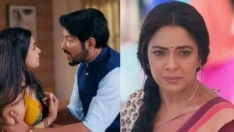 Rupali Ganguly as Anupamaa looking worried while Mahi and Gautam stand together in a dramatic scene