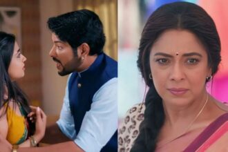 Rupali Ganguly as Anupamaa looking worried while Mahi and Gautam stand together in a dramatic scene