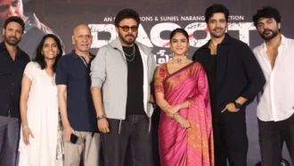 Adivi Sesh and Mrunal Thakur with Venkatesh Daggubati at Dacoit pre-release event