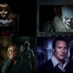 Hollywood horror movies collage featuring Annabelle, It clown, and Conjuring characters in a suspenseful scene