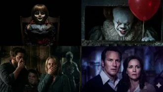 Hollywood horror movies collage featuring Annabelle, It clown, and Conjuring characters in a suspenseful scene